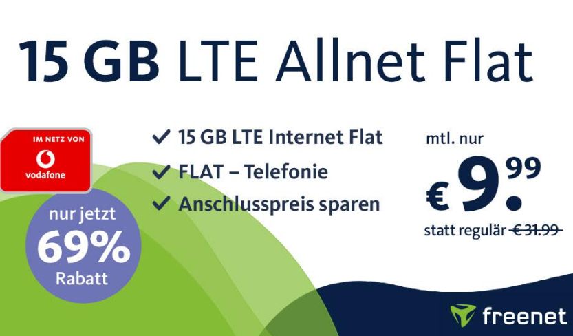 Freenet: Vodafone-LTE-Flat mit 15 GByte für 9,99 Euro