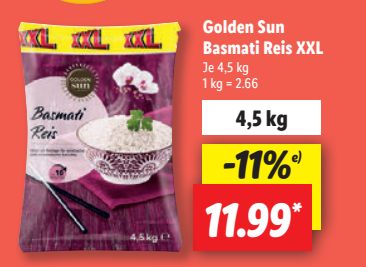 Lidl: 4,5 Kilosack Basmatireis für 11,99 Euro