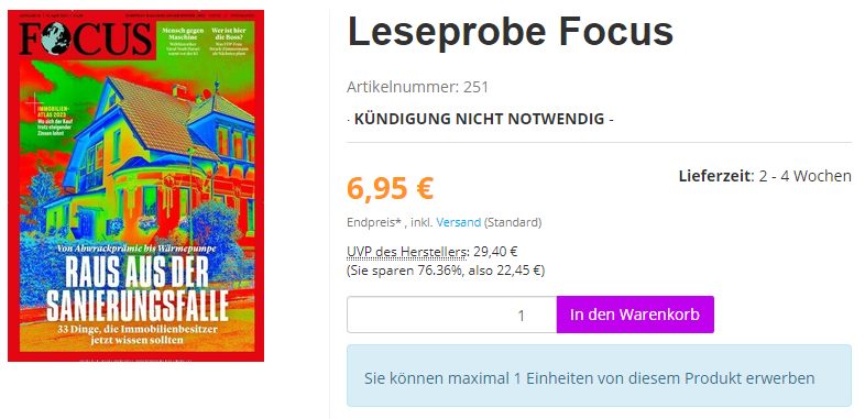 Focus: 6 Hefte für 6,95 Euro, Abo endet automatisch