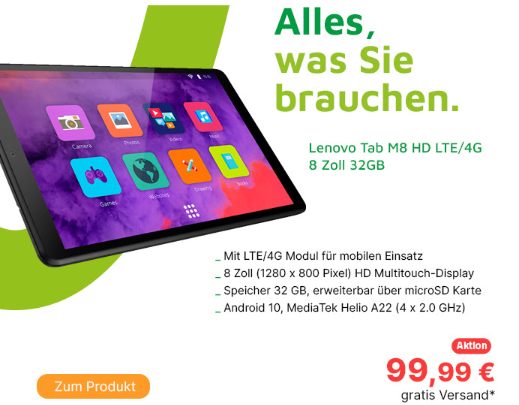 Völkner: LTE-Tablet Lenovo Tab M8 HD für 99,99 Euro frei Haus