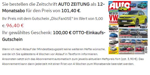 Auto Zeitung: Jahresabo für 96,40 Euro mit Gutschein über 100 Euro