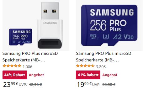 Amazon: Samsung PRO Plus microSD mit 256 GByte und USB-Leser für 23,99 Euro