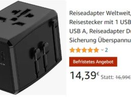 Amazon: Universal-Reiseadapter mit 4 x USB für 14,39 Euro