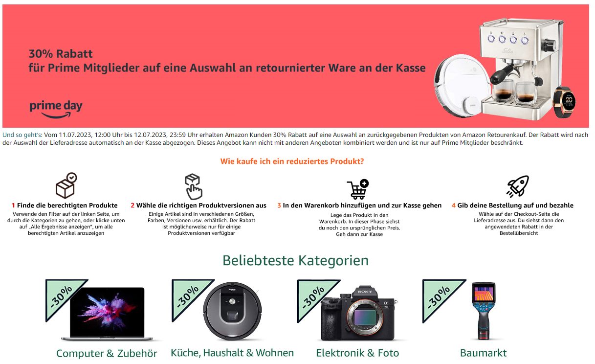 Amazon Retourenkauf: 30 Prozent Rabatt bis Mittwoch Abend