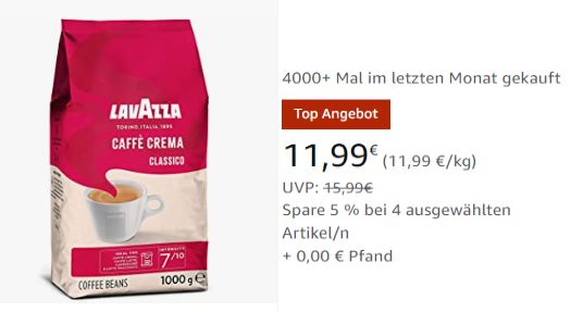 Amazon Prime: "Lavazza Caffè Crema Classico" für 11,99 Euro