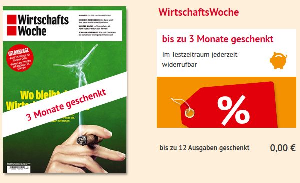 Gratis: 12 x Wirschaftswoche frei Haus