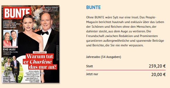 Bunte: Jahresabo für 20 statt 259,20 Euro