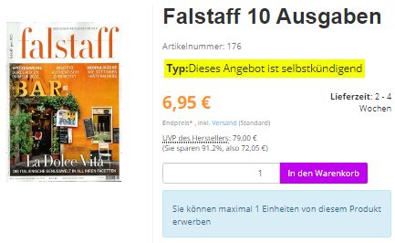 Falstaff: 10 Ausgaben mit automatischem Ende für 6,95 Euro