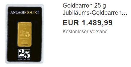 Ebay: Goldbarren mit 25 Gramm für 1489,99 Euro