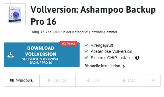 Gratis: Vollversion Ashampoo Backup Pro 16 via Chip