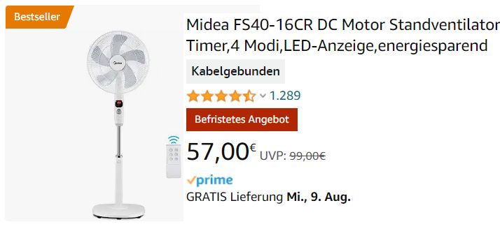 Amazon: Bestseller-Standventilator mit gutem Testergebnis für 57 Euro