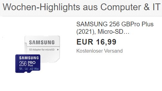 Ebay: "Samsung Pro Plus" mit 256 GByte für 16,99 Euro