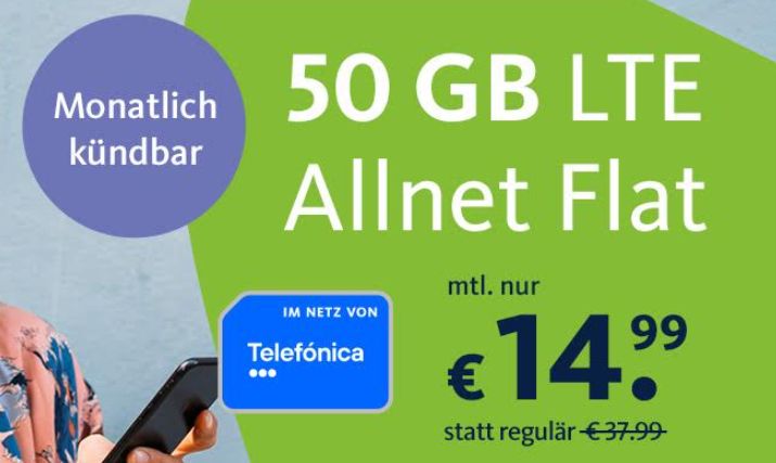 Freenet: Monatlicher kündbare Datenflat mit 50 GByte LTE für 14,99 Euro