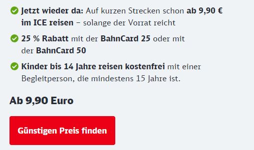 Bahn: Super Sparpreis ab 9,90 Euro buchbar