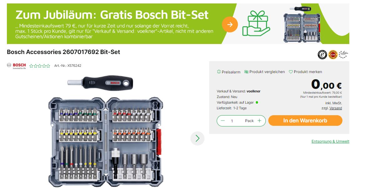 Völkner: Bosch-Bitset gratis ab 79 Euro Warenwert