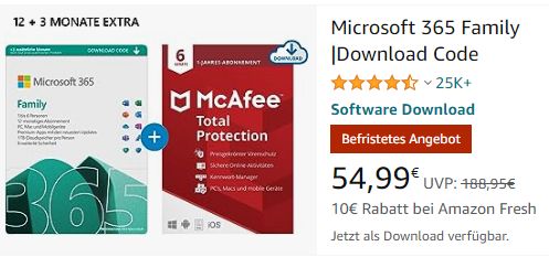 Amazon: 15 Monate "Microsoft 365 Family" mit Fresh-Gutschein für 54,99 Euro