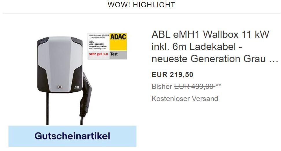 Ebay: Wallbox mit sehr gutem Testergebnis für 197,55 Euro frei Haus