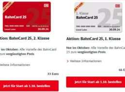 Bahncard25: Jahreskarte im Oktober zum Discountpreis von 33 Euro