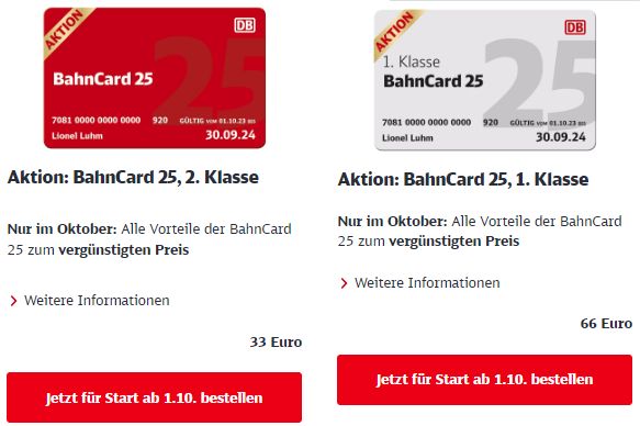 Bahncard25: Jahreskarte im Oktober zum Discountpreis von 33 Euro