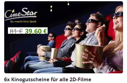 Groupon: Sechs Cinestar-Kinogutscheine für 39,60 Euro