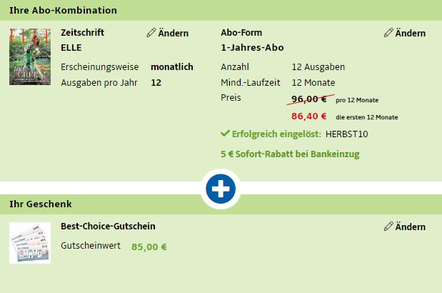 Elle: Jahresabo für 81,40 Euro mit Bestchoice-Gutschein über 85 Euro.