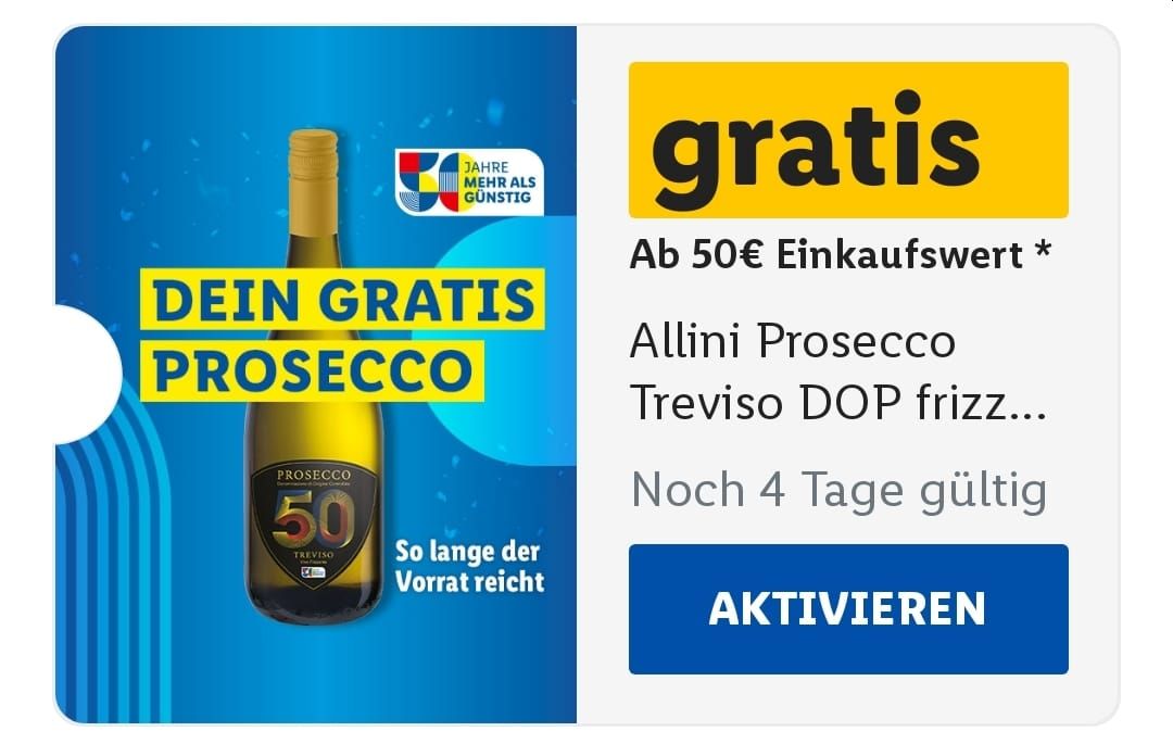 Gratis: Prosecco via "Lidl Plus" für 0 statt 3,99 Euro