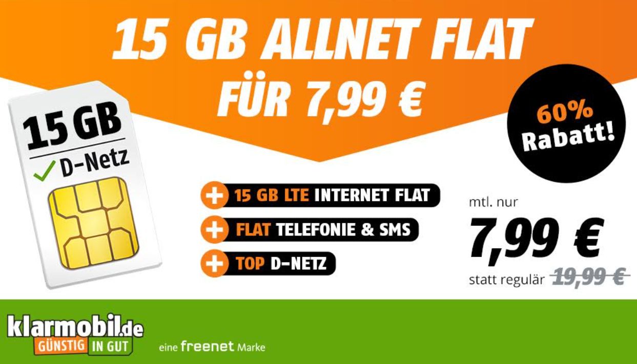 Klarmobil: 15 GByte LTE im Vodafone-Netz für 7,99 Euro