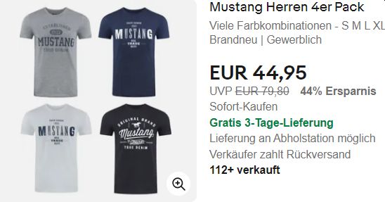 Ebay: Mustang-Shirts im Viererpack ab 38,21 Euro