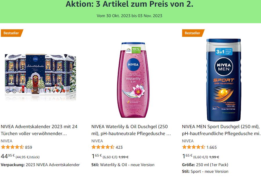 Amazon: Drei Nivea-Artikel nach Wahl zum Preis von zweien