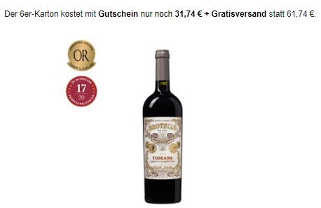 Weinboerse: 6 x Goldprämierter "Brotello Rosso Toscana" für 31 74 Euro