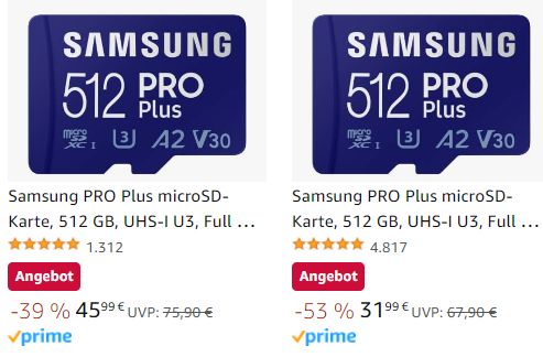 Amazon: "Samsung Pro Plus" mit 512 GByte für 31,99 Euro