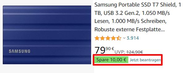 Amazon: "Samsung Portable SSD T7 Shield" für 69,90 Euro