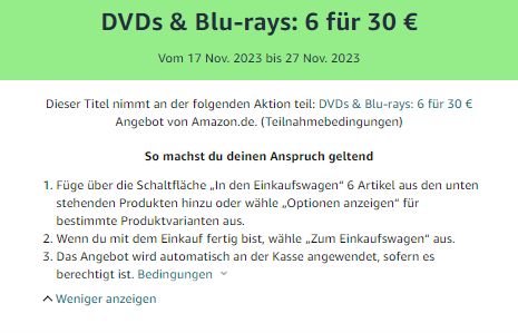 Amazon: Sechs Blu-rays / DVDs nach Wahl für zusammen 30 Euro