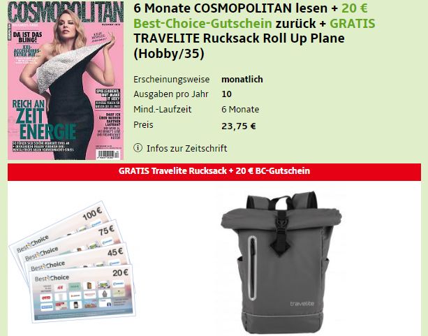 Gratis: Travelite Rucksack & Gutschein zum Abo der "Cosmopolitan"