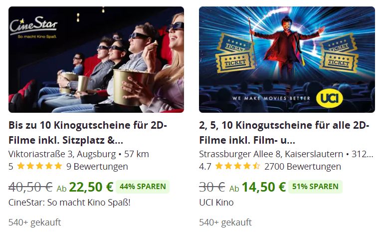 Groupon: Kintotickets für Cinestar und UCI im Zehnerpack ab 55 Euro