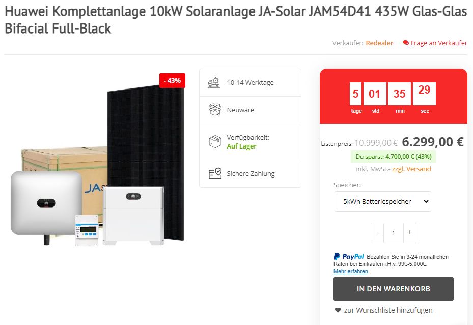 Dealclub: Solaranlage mit Batteriespeicher für 6549 Euro