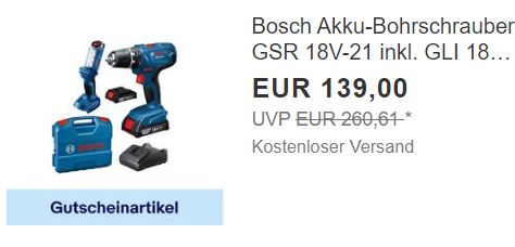 Ebay: "Bosch GSR 18V-21" mit Baustellenlicht GLI 18 für 118,15 Euro