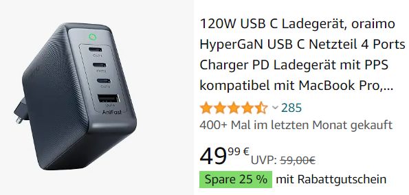 Amazon: 4-Port-Ladegerät von Oraimo mit 120 Watt für 32,49 Euro