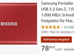 Amazon: „Samsung Portable SSD T7“ mit einem TByte für 78,99 Euro