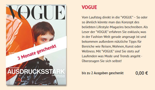 Gratis: "Vogue" zweimal zum Nulltarif frei Haus