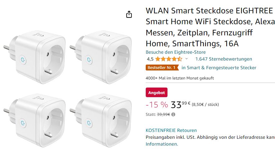 Amazon: Viererset WLAN-Steckdosen mit Überladungsschutz für 29,99 Euro