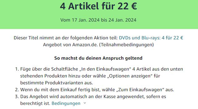 Amazon: Vier Blu-rays / DVDs nach Wahl für 22 Euro