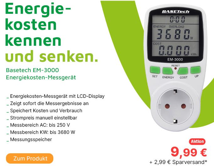 Völkner: Energiekostenmessgerät "Basetech EM-3000" für 9,99 Euro