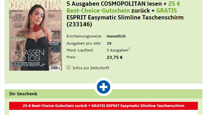 Knaller: "Cosmopolitan" für 23,75 Euro mit 25 Euro-Gutschein und Schirm