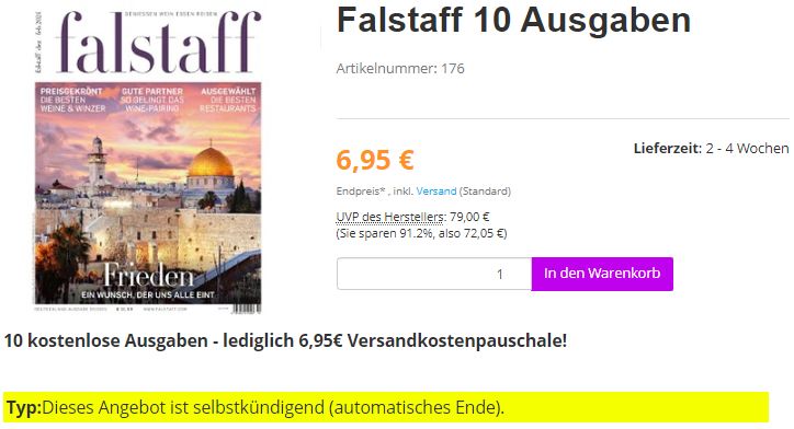 Falstaff: Jahresabo mit automatischem Ende für 6,95 Euro