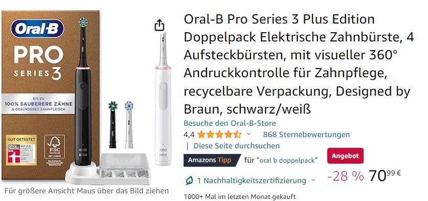 Amazon: Oral-B-Zahnbürste im Doppelpack für 70,99 Euro