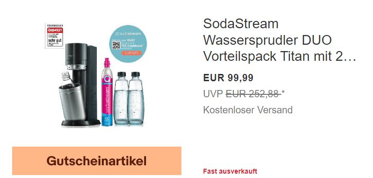 Ebay: Wassersprudler "Sodastream Duo" für effektiv 74,99 Euro