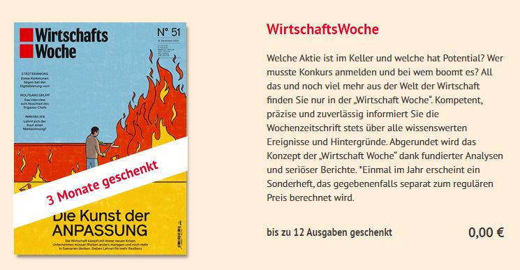 Gratis: 12 Ausgaben "Wirtschaftswoche" zum Nulltarif frei Haus