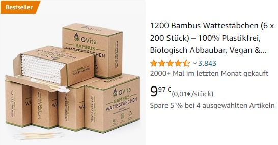 Amazon: 1200er-Pack Bambus-Wattestäbchen für 9,97 Euro