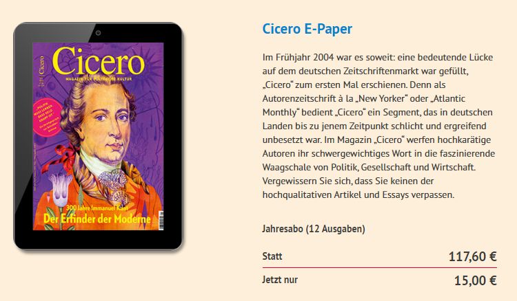 Cicero: ePaper im Jahresabo für 15 statt 117,60 Euro